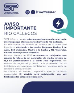 SPSE trabaja para normalizar el servicio eléctrico en distintos sectores de Río Gallegos
