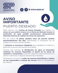 SPSE trabaja en la reparación de la Planta de Ósmosis Inversa de Puerto Deseado