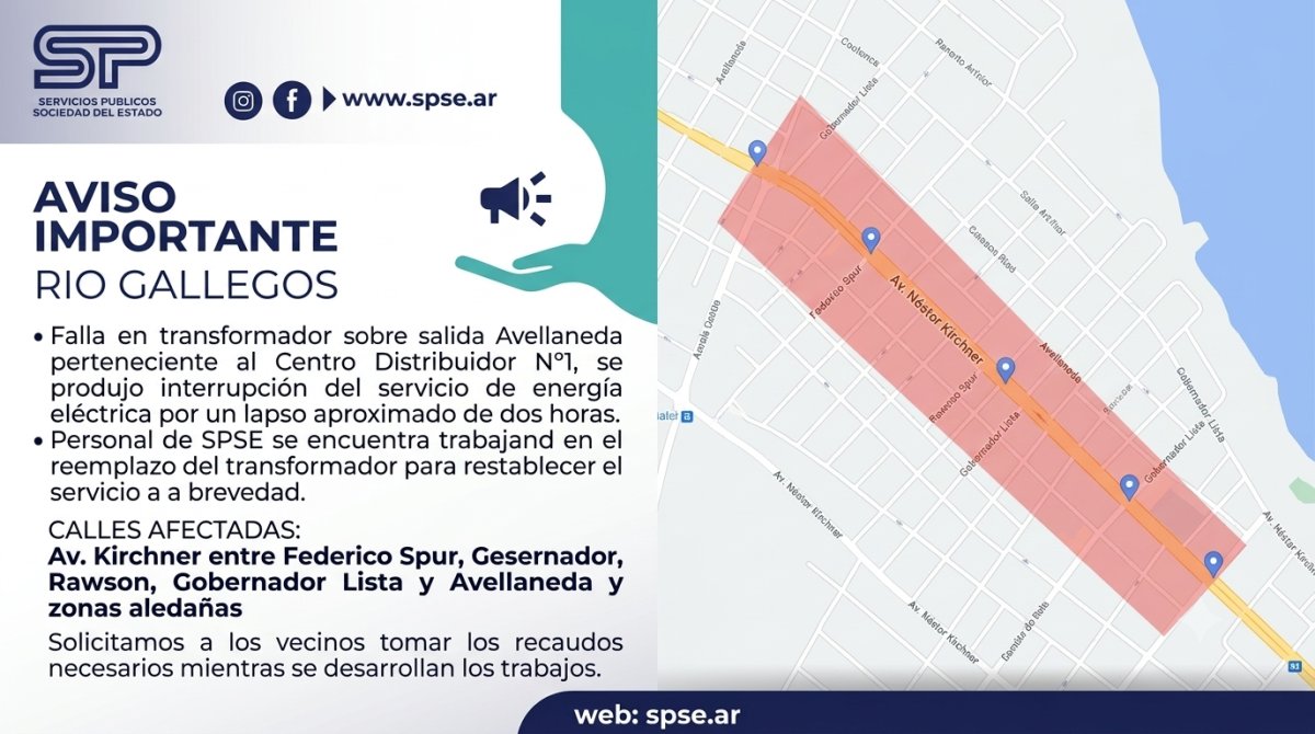 Servicios Públicos informa sobre corte de luz