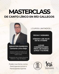 El cantante lírico bajo Sebastián Barboza brindará una Masterclass de canto en Río Gallegos