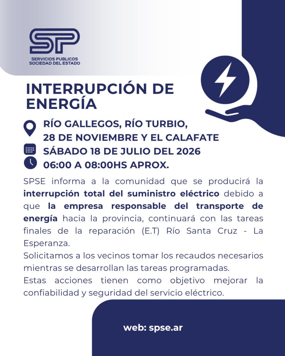 SPSE informa sobre trabajos de reparación en la E.T. Río Santa Cruz - La Esperanza