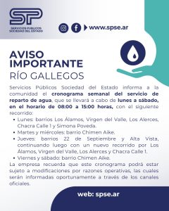 Servicios Públicos realizará entrega de agua potable en barrios de Río Gallegos
