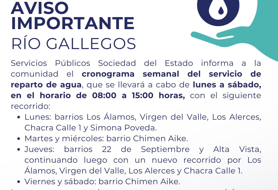 Servicios Públicos realizará entrega de agua potable en barrios de Río Gallegos