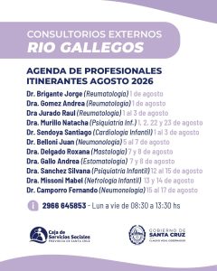 La Caja de Servicios Sociales dio a conocer el cronograma de especialistas en consultorios externos  para agosto