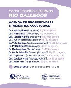 La Caja de Servicios Sociales dio a conocer el cronograma de especialistas en consultorios externos  para agosto