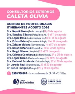 La Caja de Servicios Sociales dio a conocer el cronograma de especialistas en consultorios externos  para agosto
