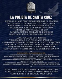 La Policía de Santa Cruz expresó su pesar por la tragedia aérea ocurrida en San Juan
