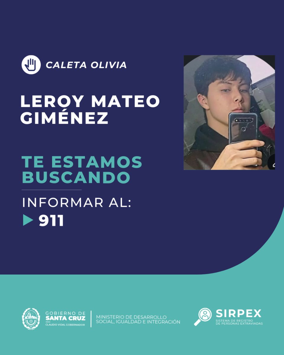 Buscan a Leroy Mateo Giménez en Caleta Olivia