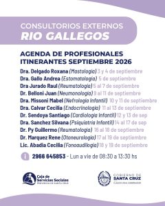 Agenda de médicos itinerantes para septiembre en Río Gallegos
