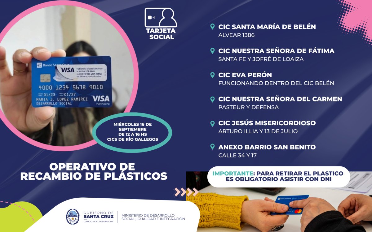 Recambio de la Tarjeta Social: los CIC de Río Gallegos entregarán los nuevos plásticos