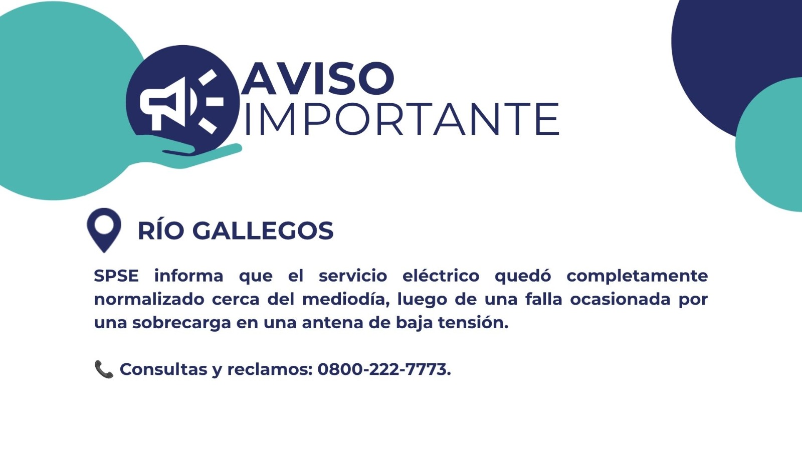 Normalización del servicio eléctrico en Río Gallegos