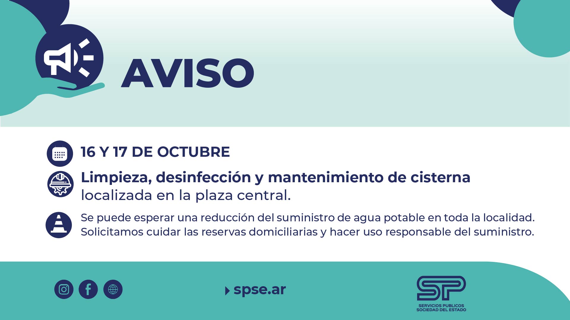 28 de Noviembre: el suministro de agua se verá afectado por tareas de limpieza en la cisterna de la plaza central
