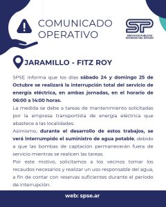 Interrupción programada de servicios de energía eléctrica en Jaramillo y Fitz Roy