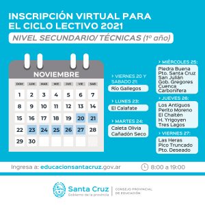 Nuevo horario para inscripciones virtuales del Ciclo Lectivo 2021 Nivel Primario y Secundario