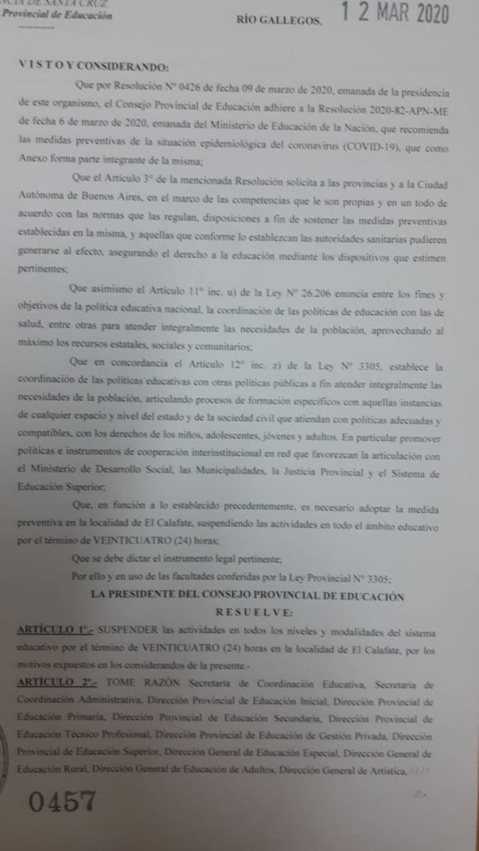 Comunicado del Consejo Provincial de Educación para El Calafate