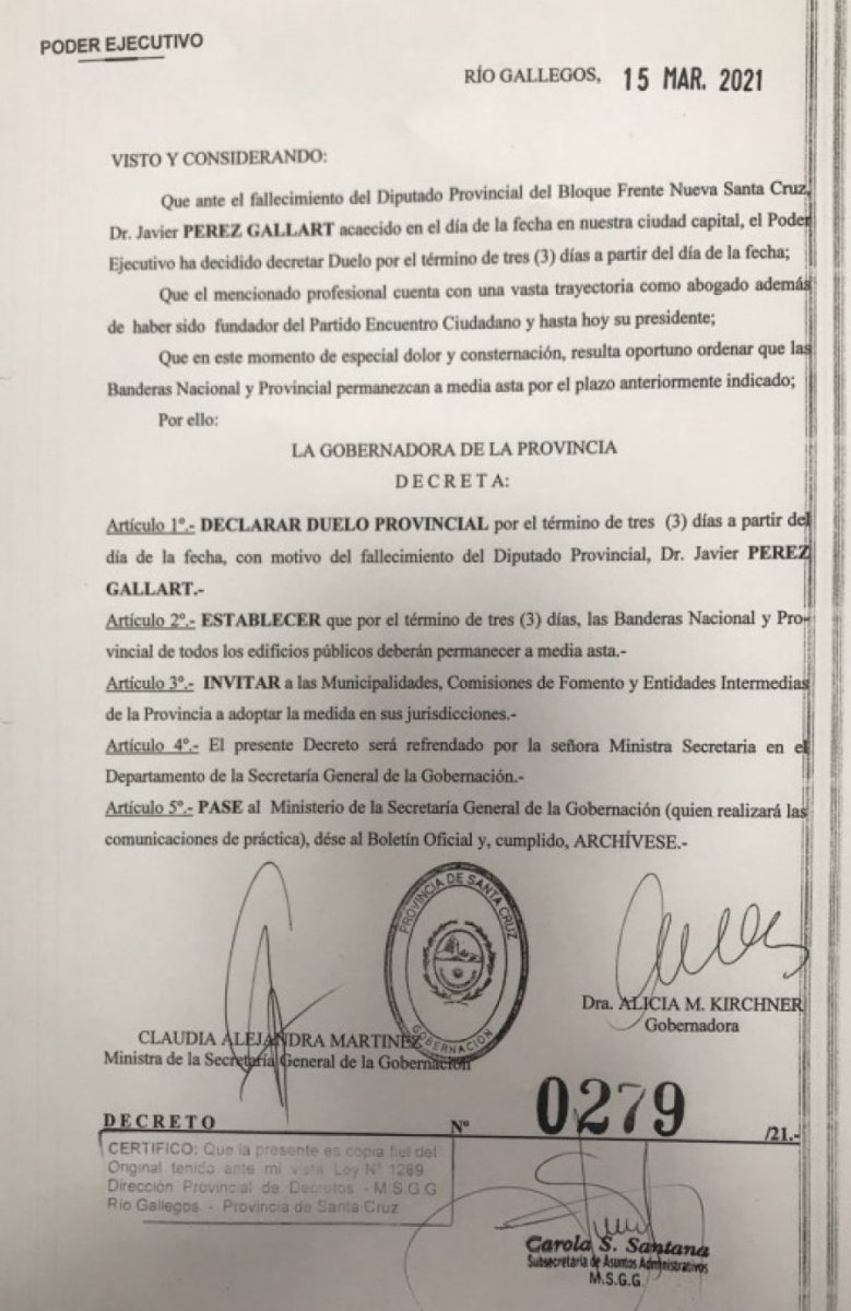 Se estableció duelo por 3 días por el fallecimiento del diputado Pérez Gallart